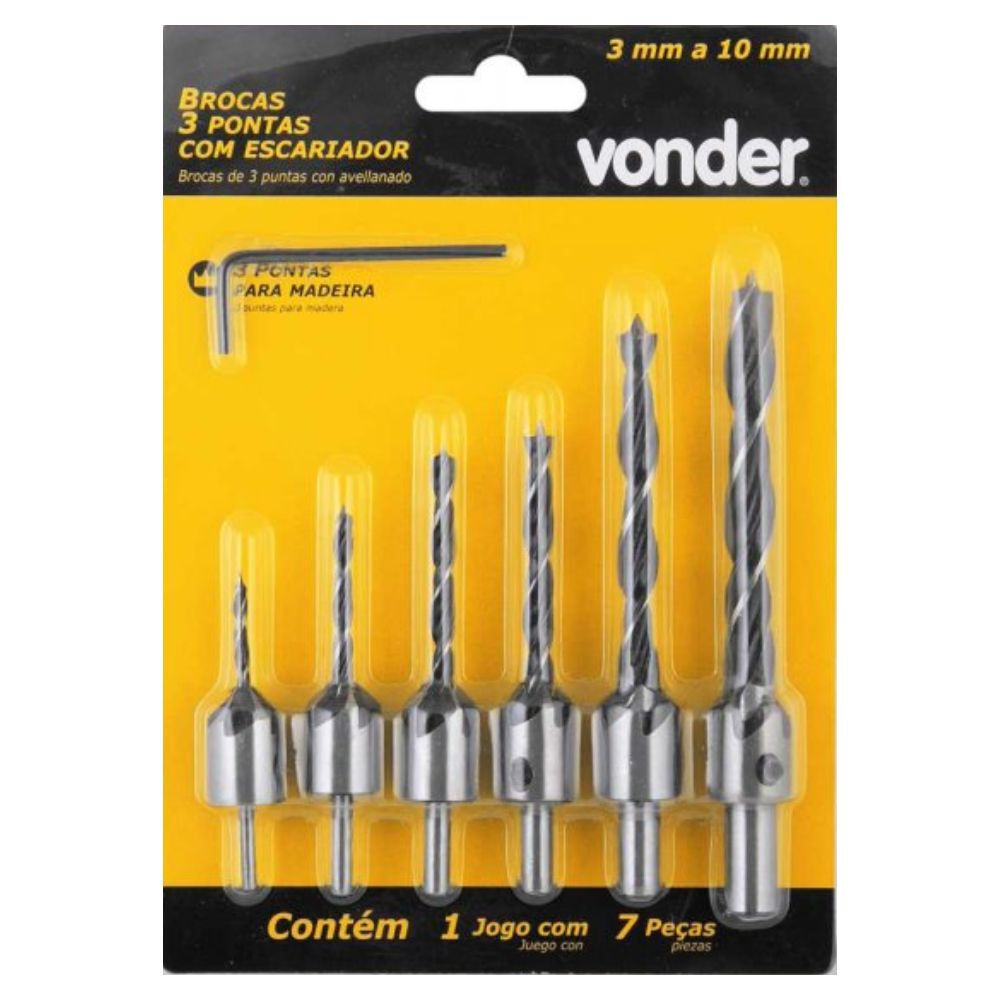 Jogo de Brocas 3 Pontas com Escareador 3mm a 10mm com 7 Peças Vonder